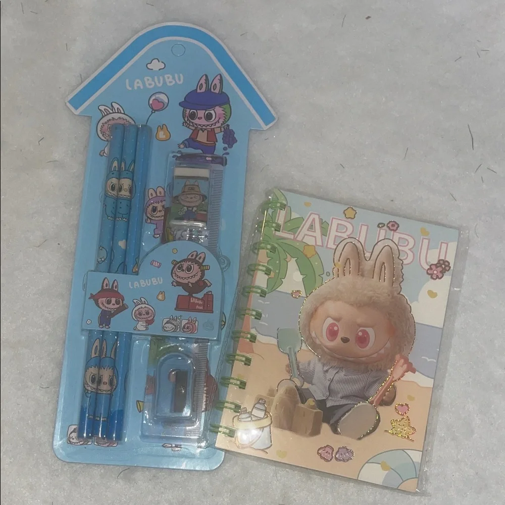 Labubu Monsters cartoon Stationery Set - Blue notebook and pencil set.